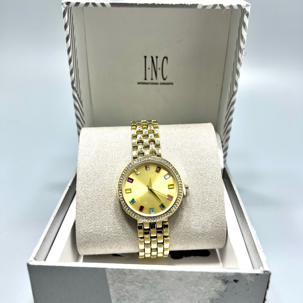 I.N.C. International Concepts Womens Gold Tone Crystal Quartz Watch